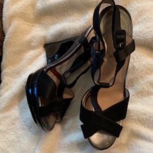 Christian Louboutin Heels - Black Satin Straps, Mock Crock and Patent Wedge